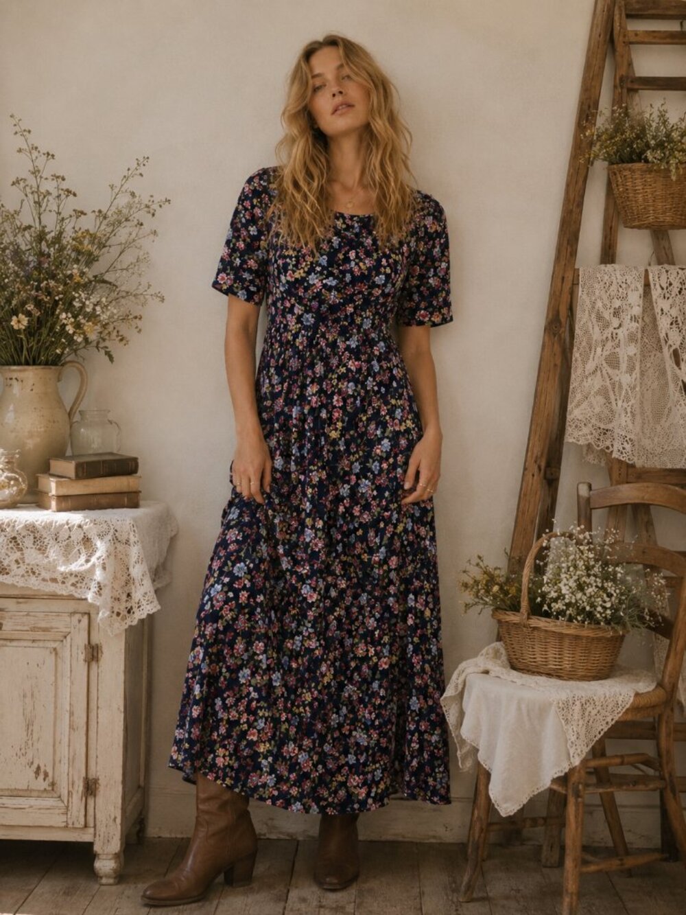 Vintage Floral Prairie Maxi Dress | Cottagecore Boho Cottage Garden Dress